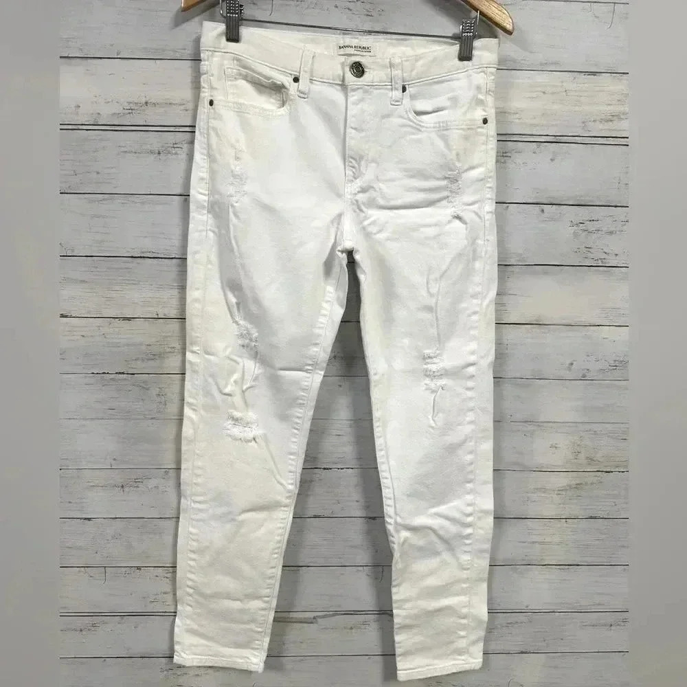 Banana Republic Distressed Boyfriend White Jeans Size 27L
